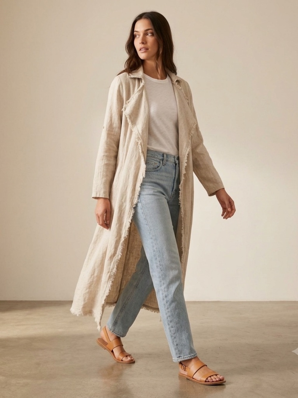Zara Beige Linen Blend Duster Long Cardigan Jacket Boho Coastal Women’s XS/S